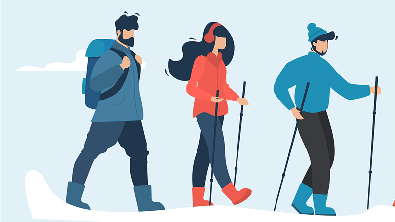 Simple illustration of 2 men and a woman hiking in snow